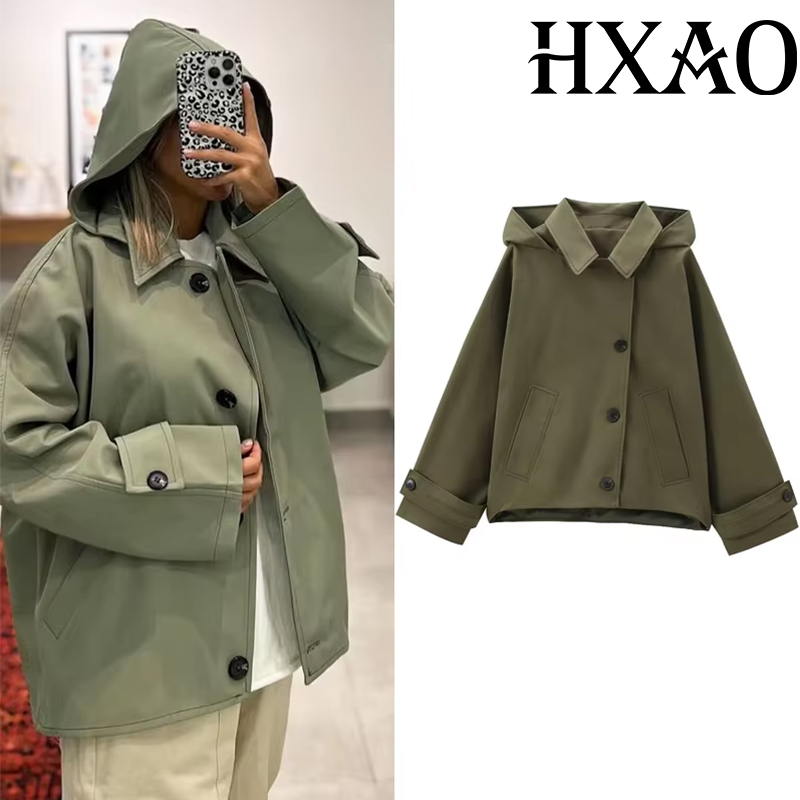 HXAO グリーン暖かい冬のフード付きジャケット女性の 2024 秋屋外特大ボンバージャケットコートデミシーズン防風アウター
