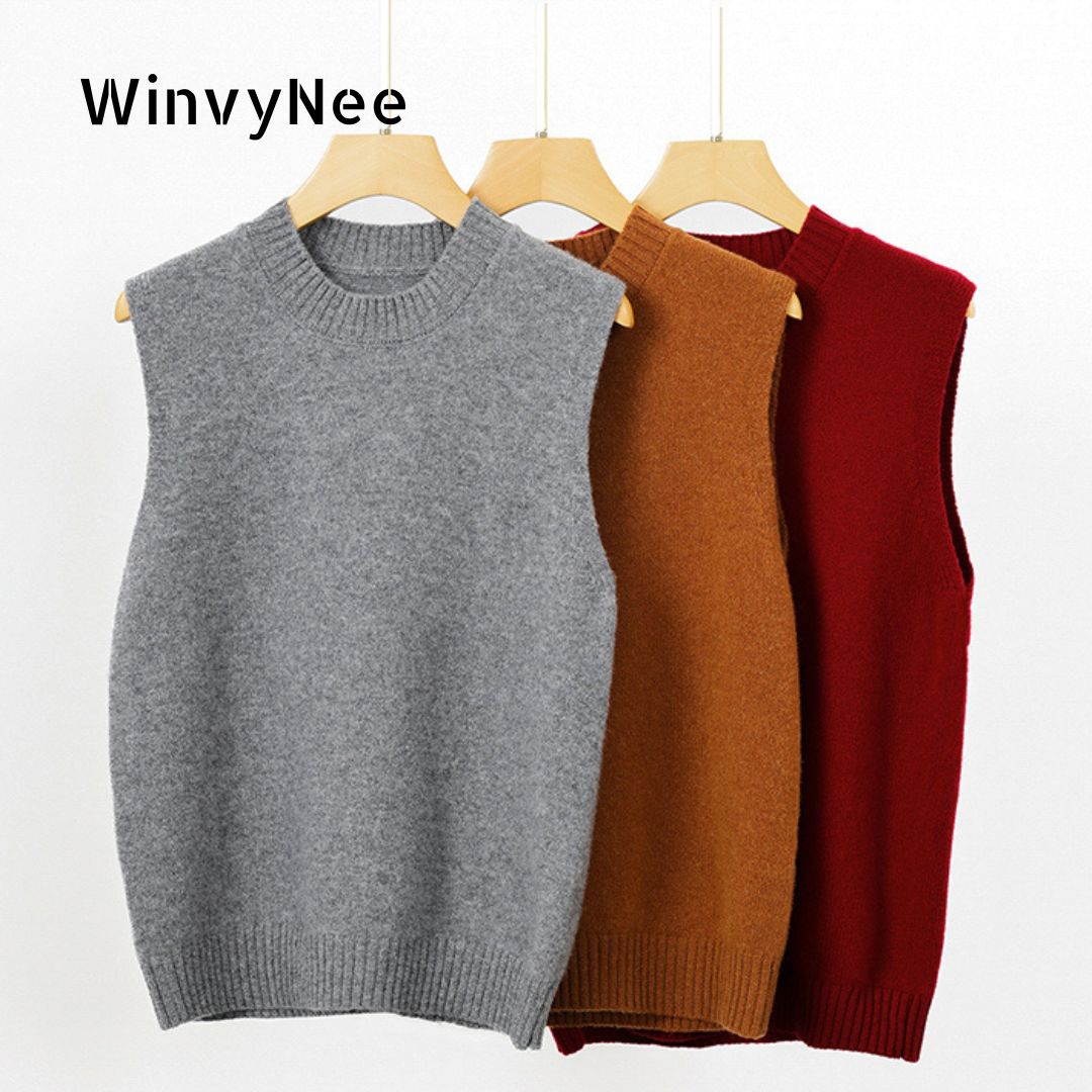 WinvyNee 2025 女性のウールベスト O ネック服カジュアル暖かいアウターチョッキレディーストップスニットセーター秋 C1002050