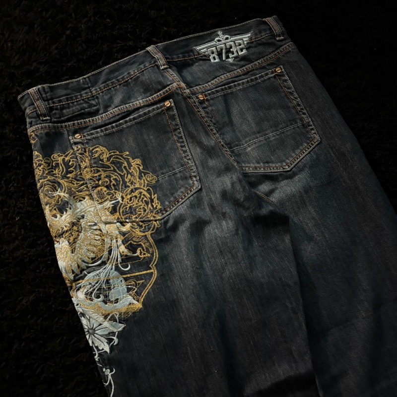 アメリカの新ファッションオーバーサイズパターン刺繍だぶだぶのジーンズ男性 Y2K ゴシック原宿ヒップホップストレートハイウエストワイドレッグパンツ