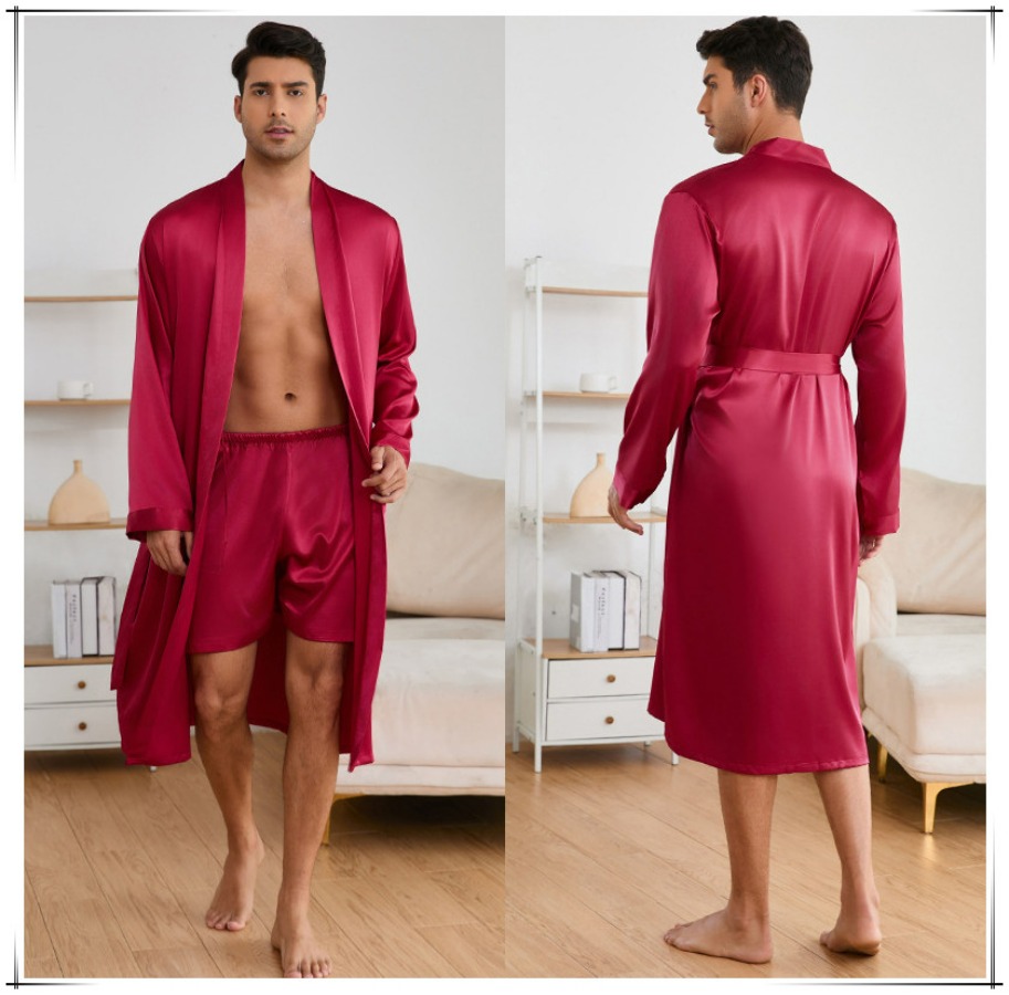 固体ホーム服バスローブセット男性絹のようなサテン男性ナイトウェアルーズ日本メンズパジャマセット夏の着物ショーツパジャマスーツ