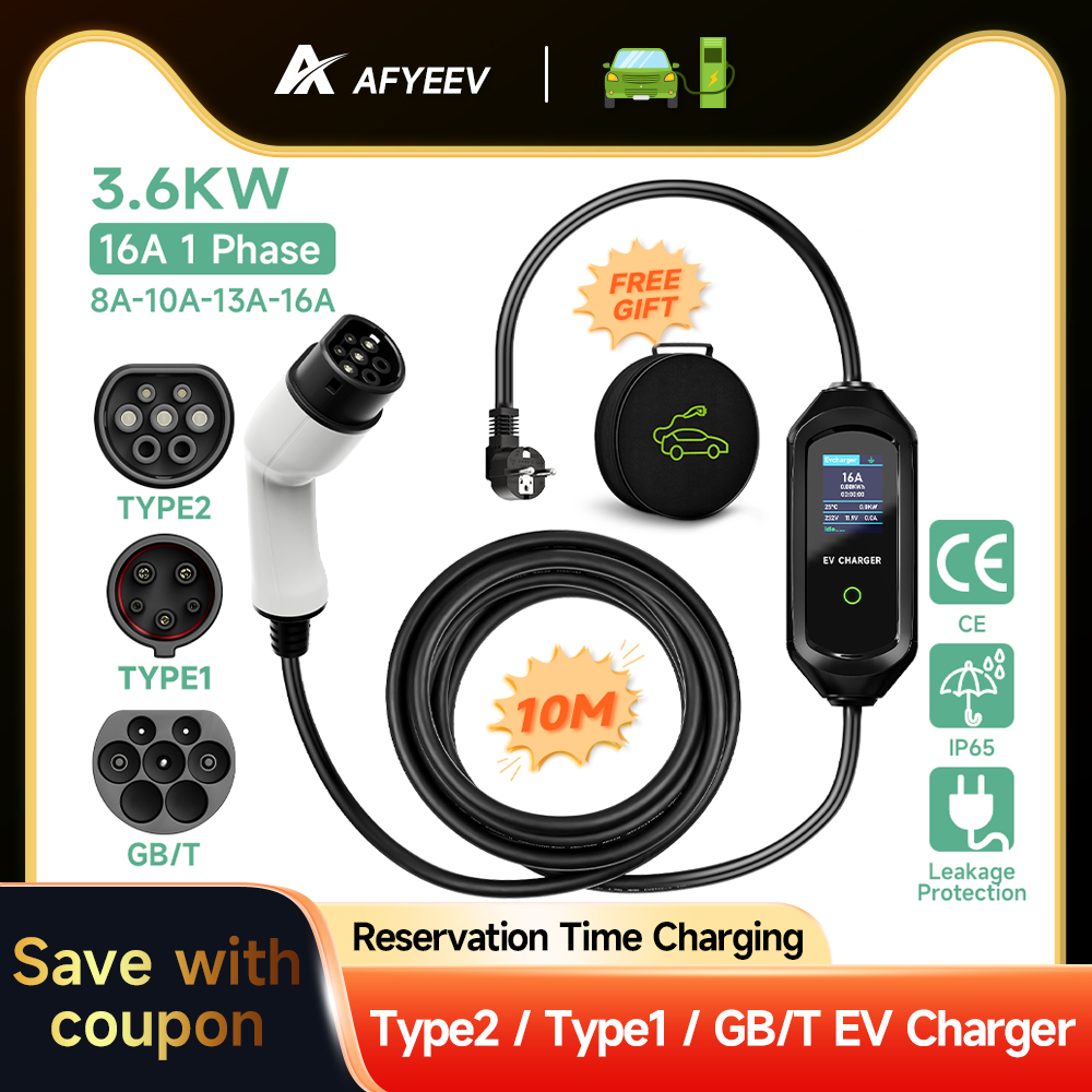 AFYEEV ポータブル Type2 IEC62196-2 EV 充電器 16A GB/T EVSE 充電ケーブル Type1 SAE J1772 EU プラグコントローラウォールボックス車用