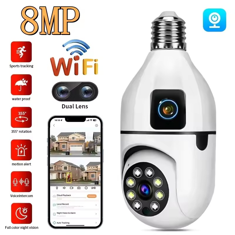 8 メートル E27 電球 WiFi 監視カメラデュアルレンズ屋内監視 V380 プロアプリセキュリティビデオ監視カメラ