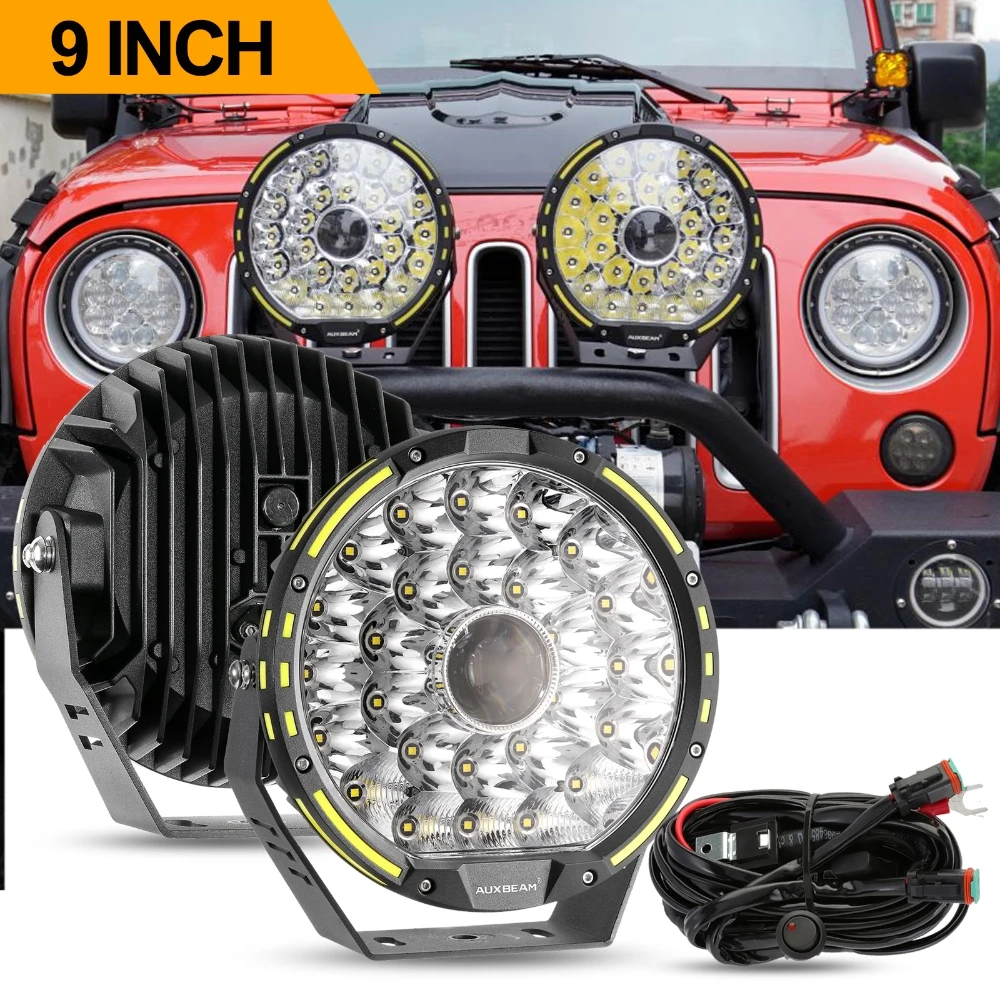 AUXBEAM 9 インチ LED ドライビングワークライトスポットプロジェクターライト、配線ハーネス付きアンバー 3200K 色変更 PC 保護シェル