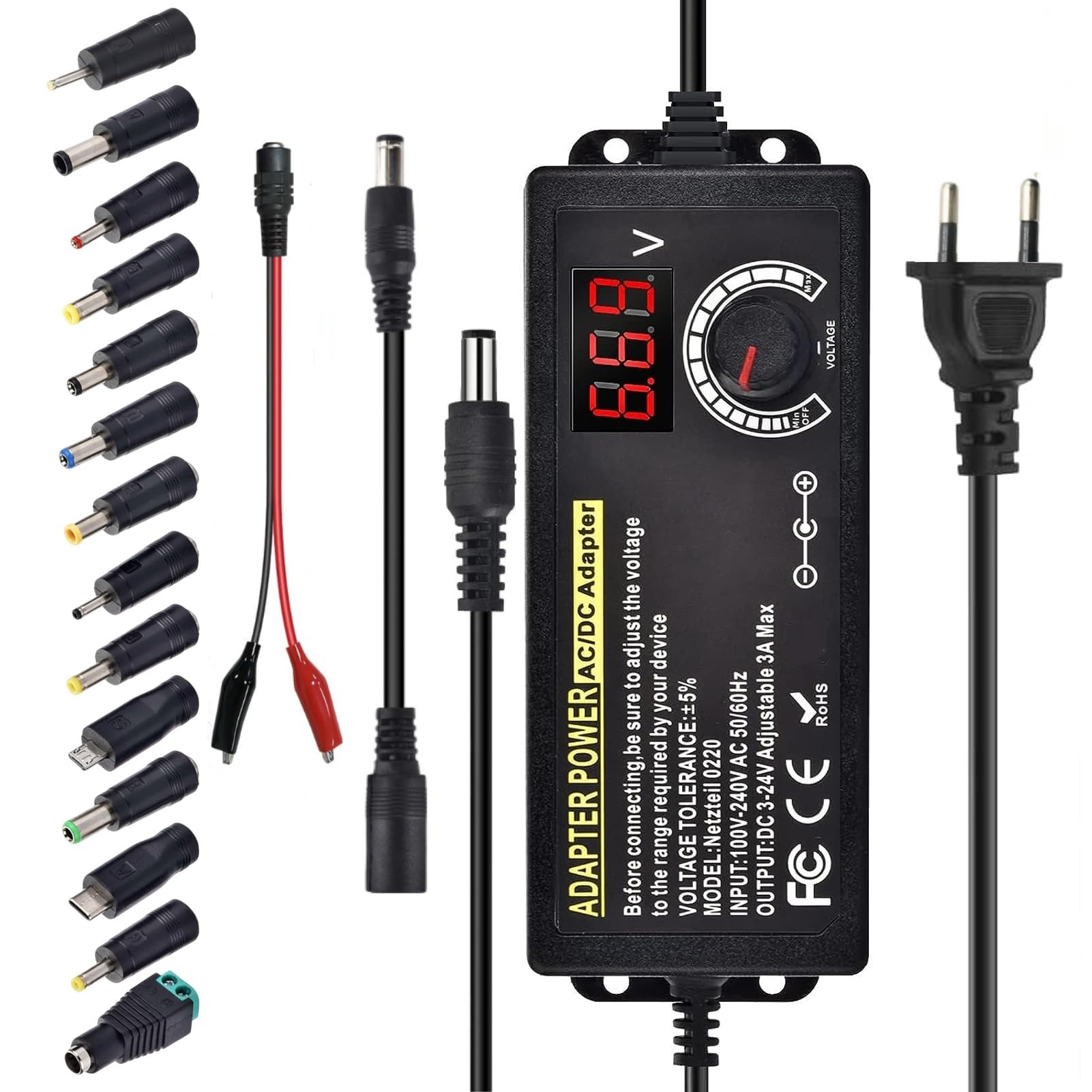 可変電源 可変AC-DC電源アダプター 実験室用 3V-24V-3A 米国/EUプラグ メス 家庭用電化製品用ワニ口クリップ付き