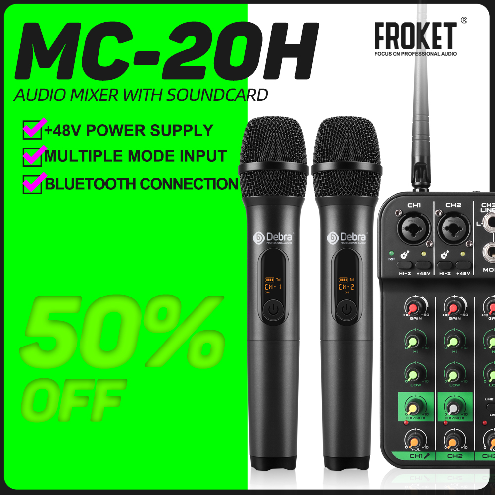 Debra MC-20H UHF 4 チャンネルオーディオミキサー UHF ワイヤレスマイクオーディオインターフェイスミキシングコンソール Bluetooth 5.0、48V ファンタム電源