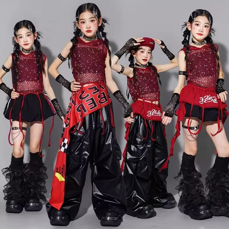 Girls K-pop Sequin Shiny Vest Hooded Top Cargo Pants Cool Street Dance Shorts Hip Hop Streetwear Group Jazz Stage Clothes Sets