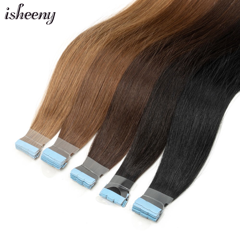 テープ人毛エクステンション 12 "16" 20" 24" ミニテープヘアエクステンションストレート 10 個マシンレミー目に見えない粘着テープヘア