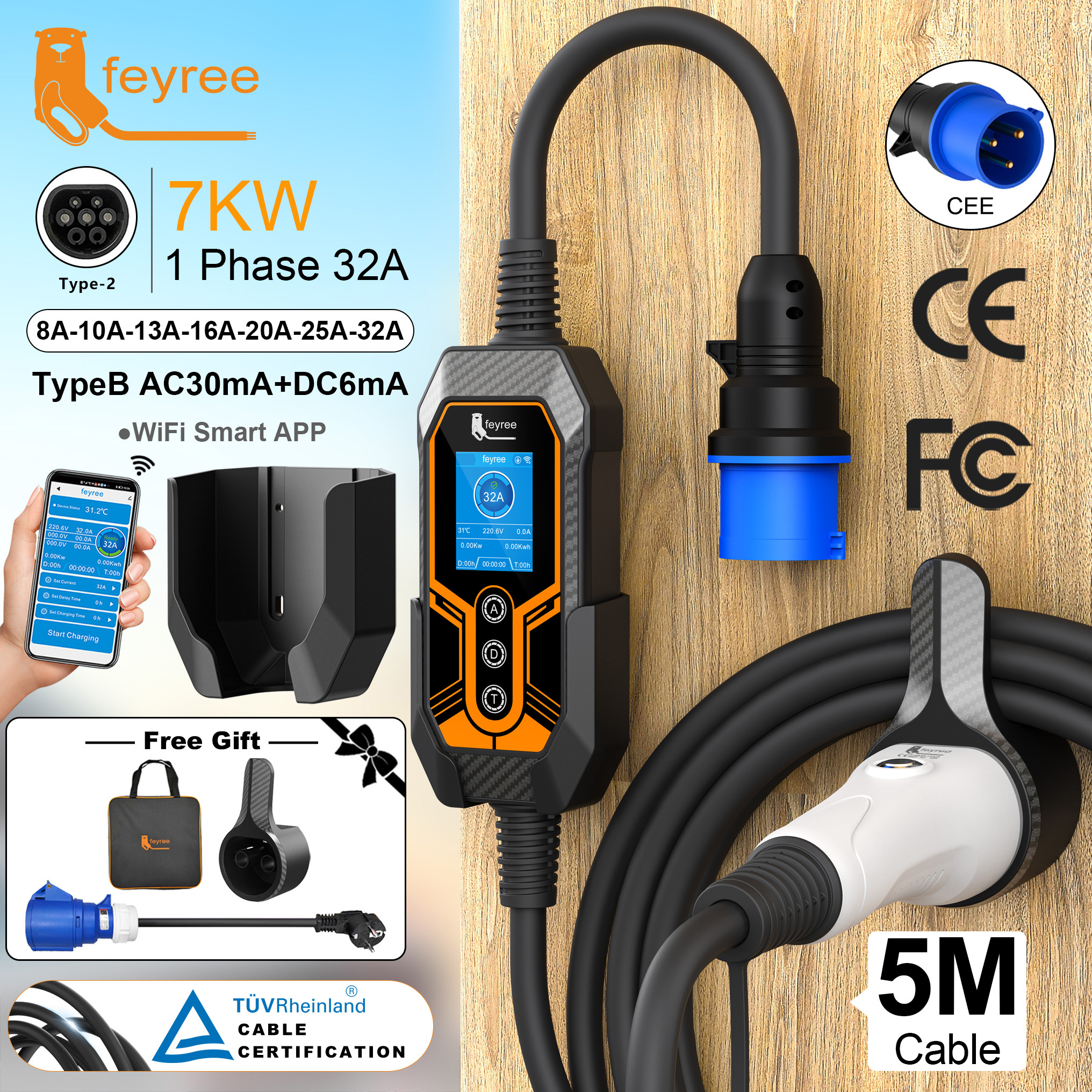 Feyree ポータブル EV 充電器 Type2 ウォールマウント付き 32A 7KW Wi-Fi APP 制御スマートタイミング充電 EVSE ウォールボックス家庭用