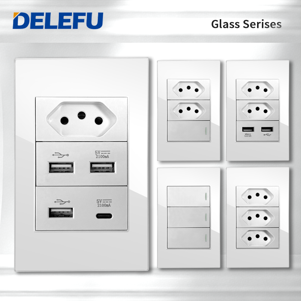 DELEFU 4*2 ホワイト強化ガラスブラジル標準コンセントダブル USB タイプ C 壁電源ソケットスイッチ Tuya Wifi 10A 20A
