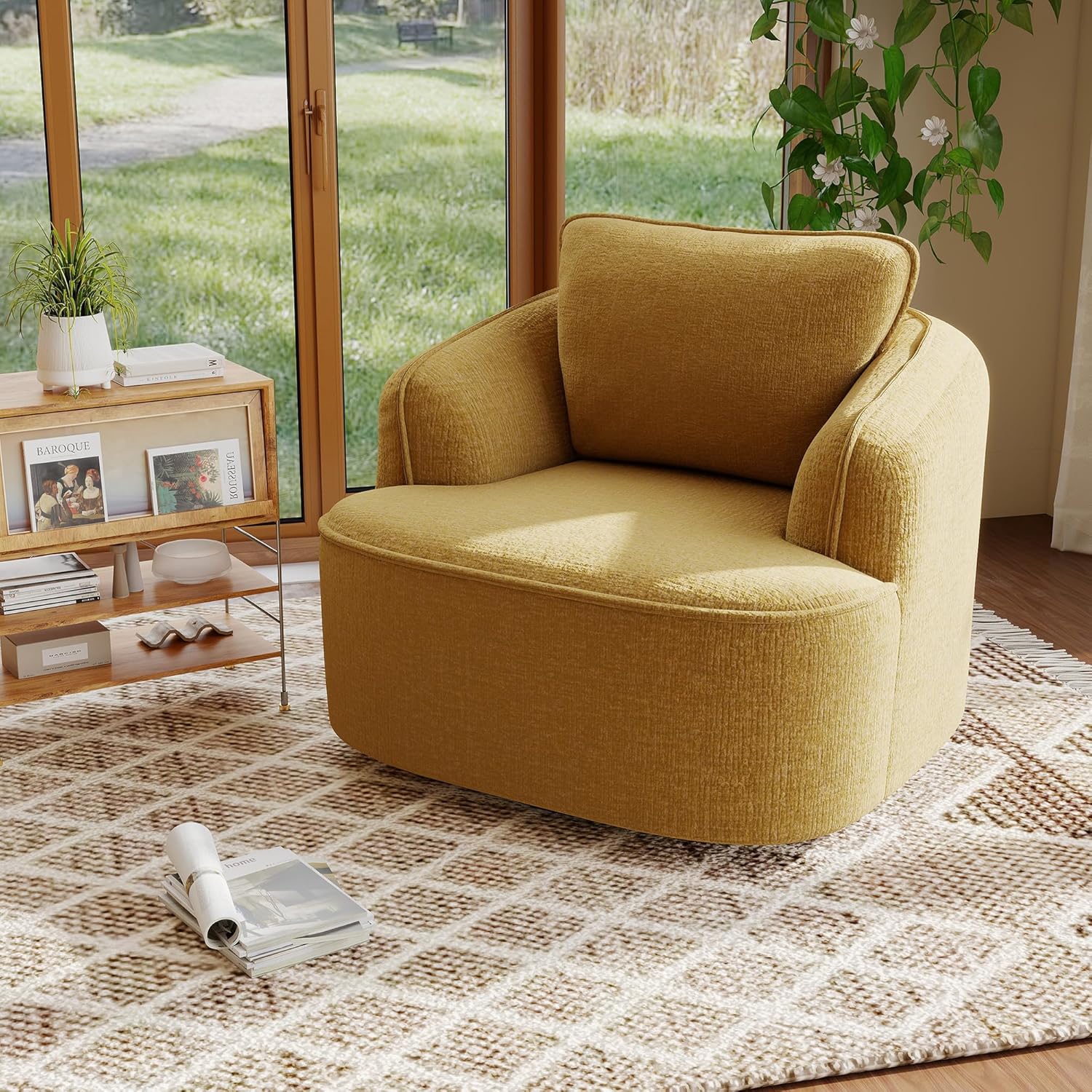 36" Swivel Barrel Chair, 360° Rotating Accent Chair with Plush Chenille Upholstery, Ergonomic Back & Boneless, Customized