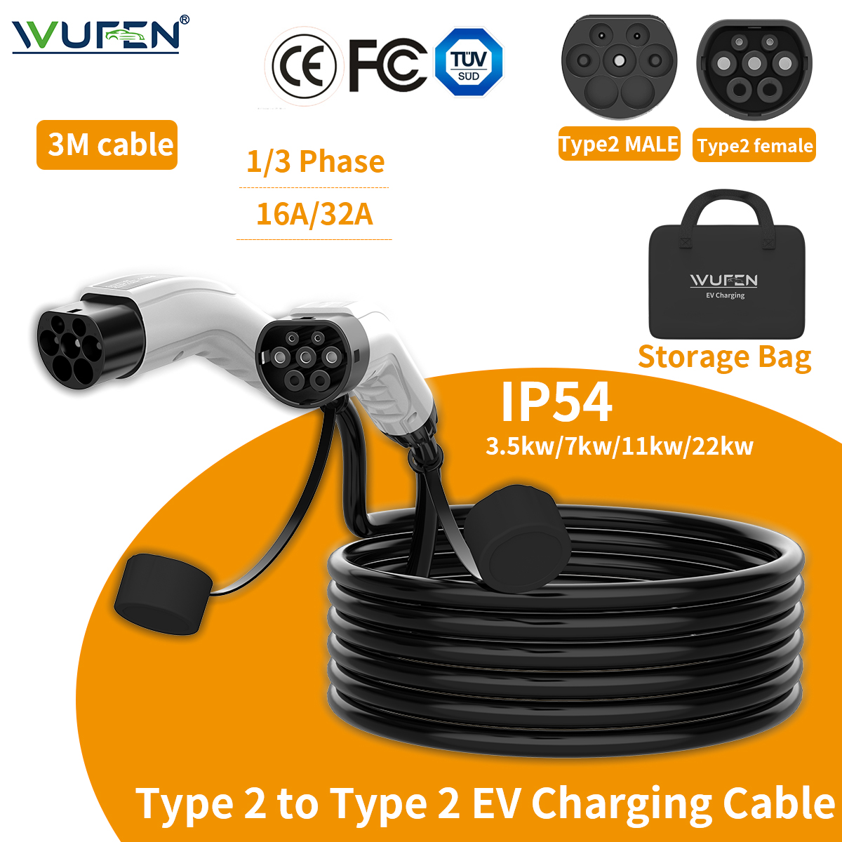 WUFEN Type2 から Type2 EV Chargr 3M ケーブル 11KW/22KW 32A 3 相メス - オスプラグ 3.5KW/7KW IEC62196-2 EVSE 充電ステーション