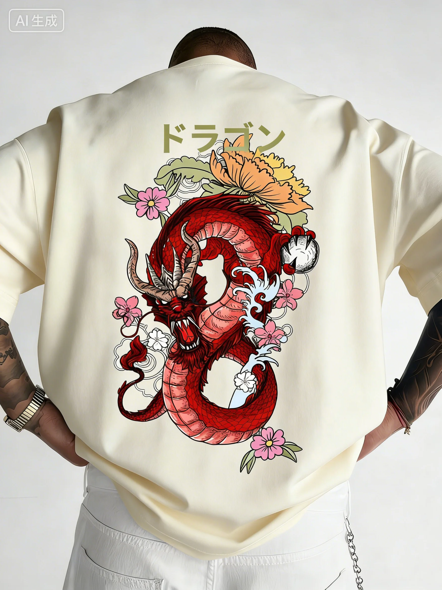 ベストセラーメンズカジュアル和風Tシャツ-夏レッドドラゴン柄の花柄快適で通気性のある大きいサイズのトップス