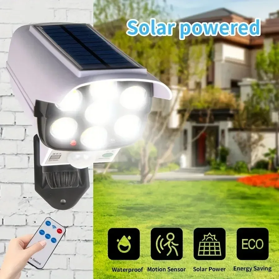 屋外モーションセンサーソーラーライト 77 LED フラッドライト防水ワイヤレスダミーデコイ偽セキュリティカメラポーチガーデンパティオ用
