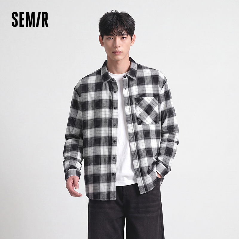 Semir 男性シャツ綿チェック柄長袖ルーズラペルポケットカジュアルスタイル快適な秋のブラウス日常着 2026