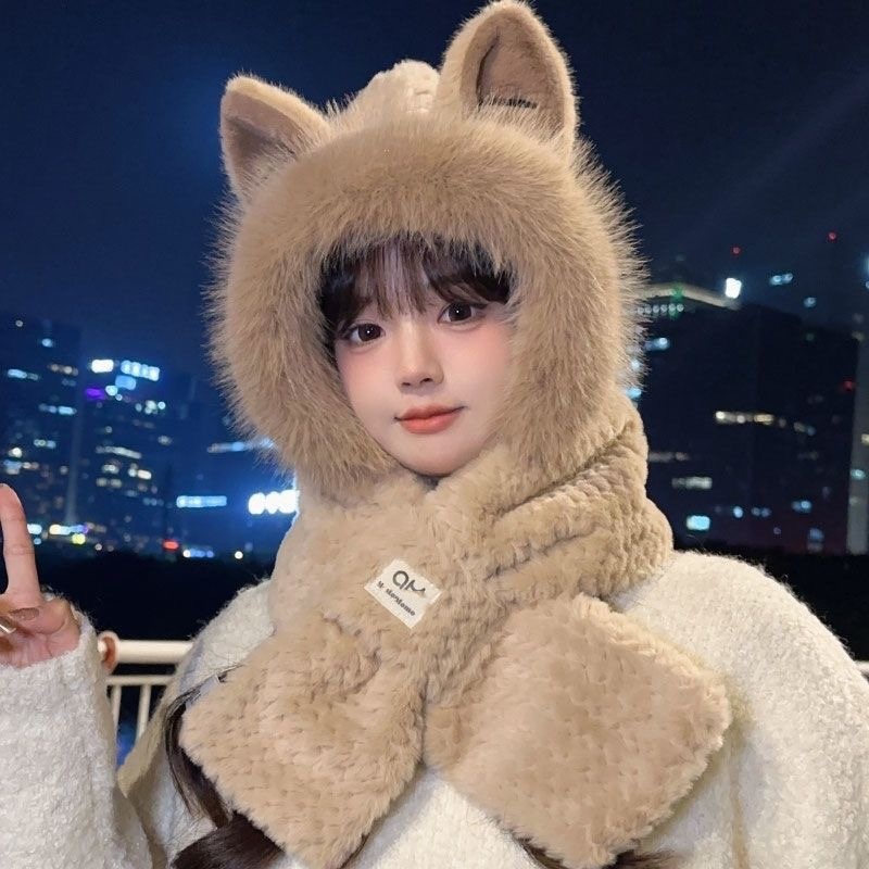 レディースフード付き帽子スカーフセットかわいいかわいいファジー3Dキツネの耳ふわふわ厚みのあるボンバーハット冬暖かいキャップ寒い天候用
