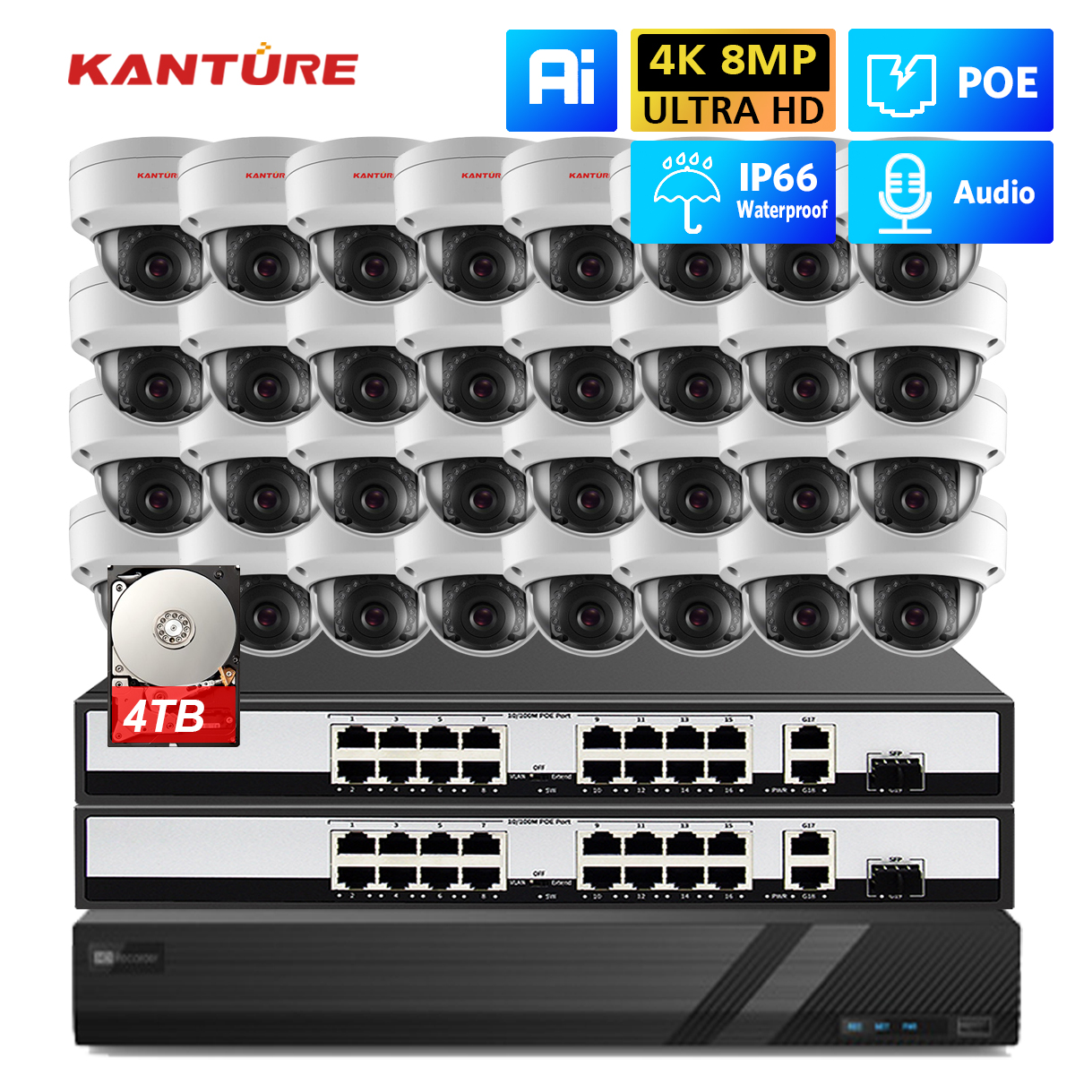 KANTURE H.265 32CH 4K NVR キット HD 8MP POE セキュリティカメラシステム屋内屋外 4K オーディオ破壊防止 CCTV ビデオ監視セット