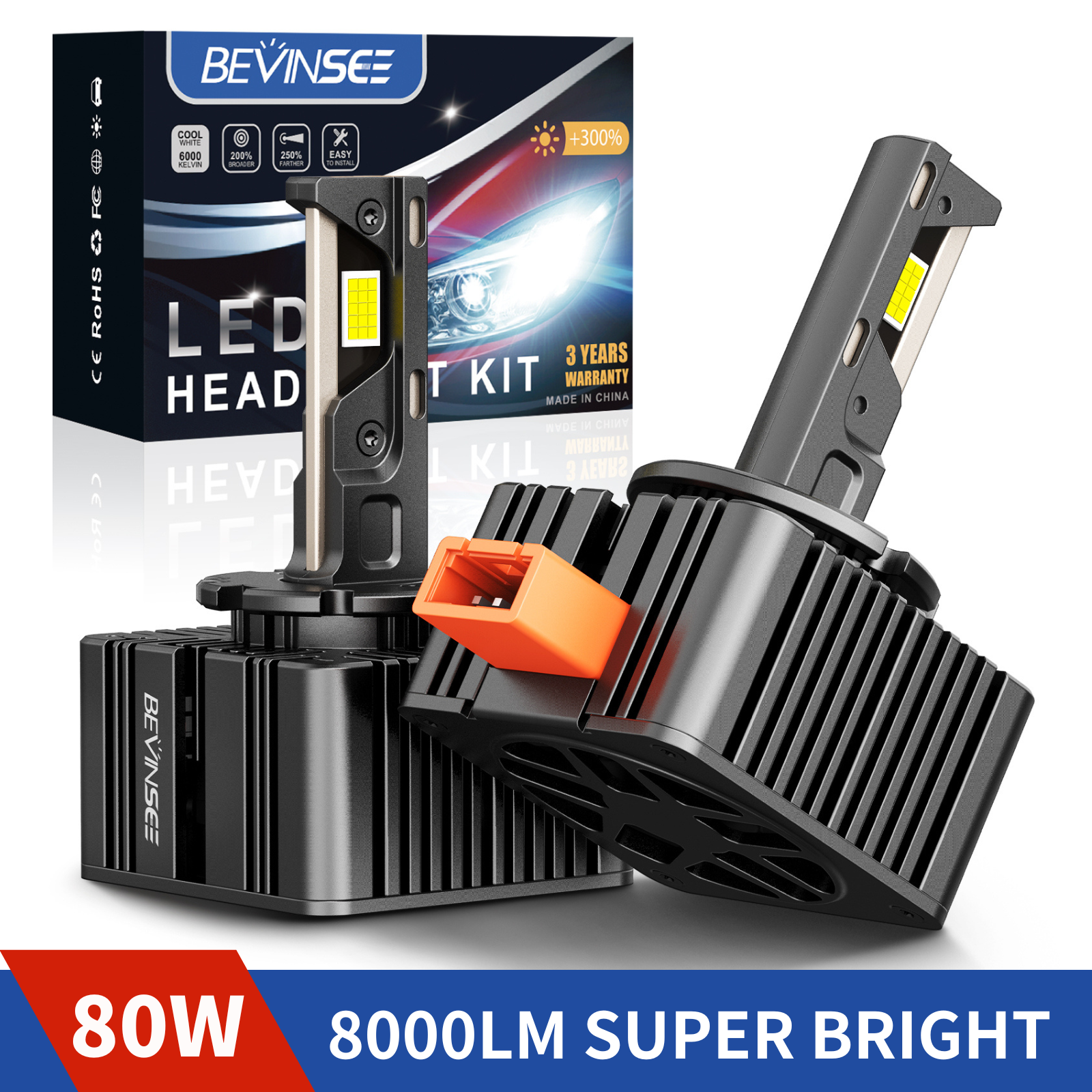BEVINSEE D3S D3R LED CANBUS ヘッドライト電球 D1S D1R D2S D2R D5S 80W 8000LM HID キセノン交換キット LED オートライト 6000K 12V