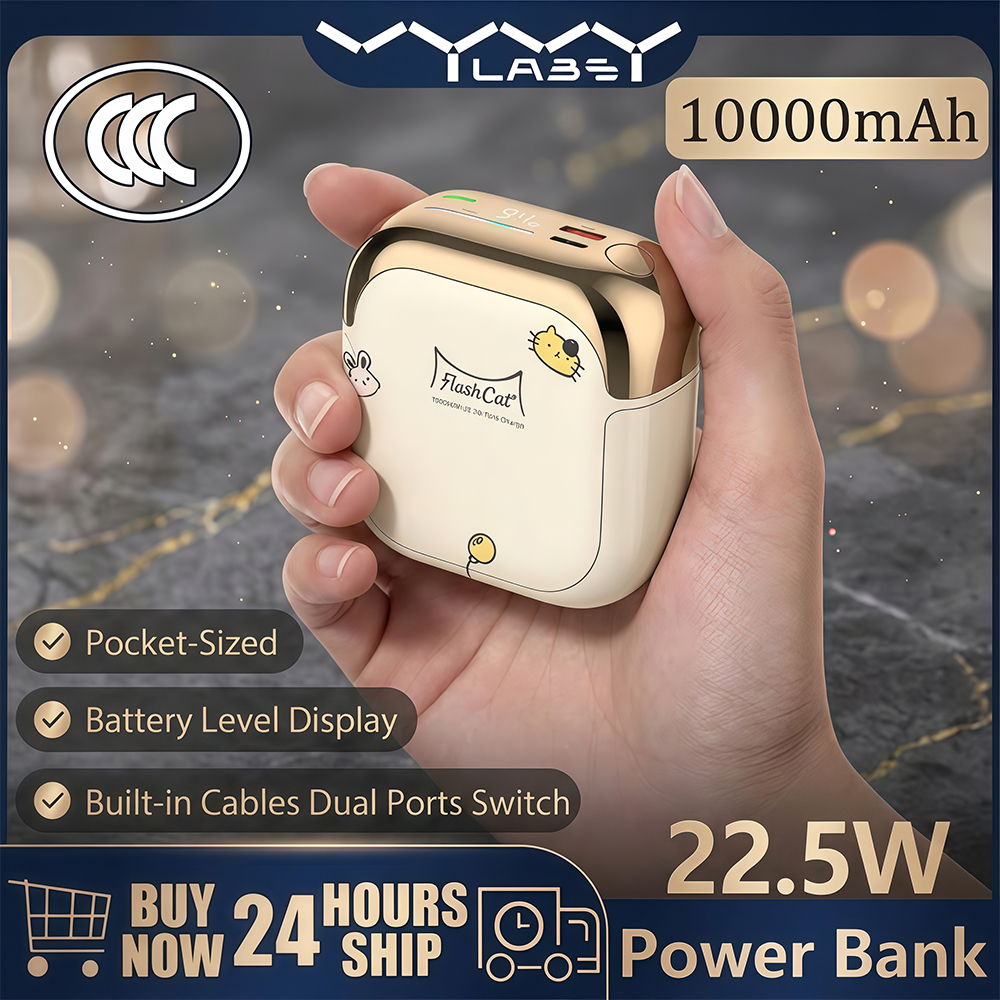 Vyvylabs CCC 10000mAh ミニかわいいパワーバンク 22.5W PD 高速充電切り替え可能なライトニング Type-C ケーブル iPhone Samsung AirPods 用