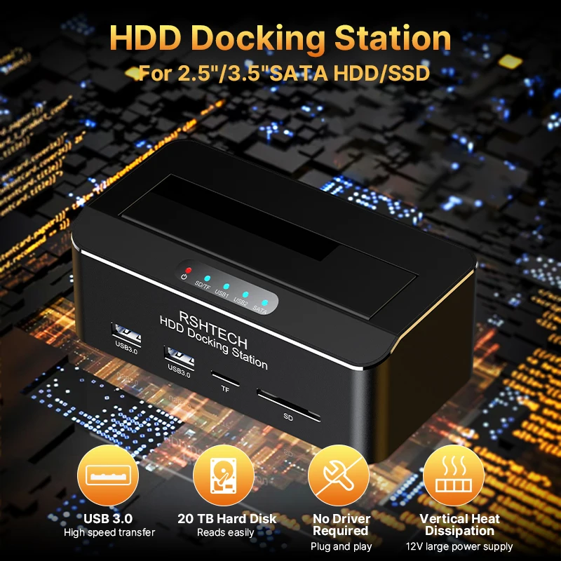 RSHTECH USB 3.0 - SATA 外付けハードドライブ ドッキング ステーション エンクロージャ アダプター、2.5 インチ/3.5 インチ HDD SSD 用、SD/TF カード リーダー付き
