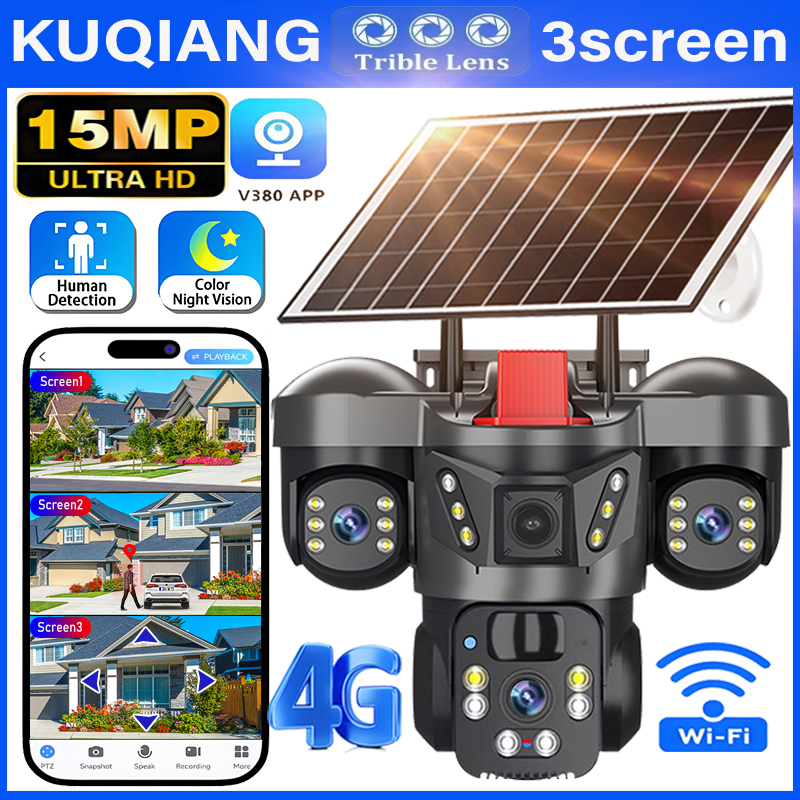15MP 4 グラム Sim ソーラーカメラ屋外 WiFi 監視ワイヤレス CCTV 3 レンズ 3 スクリーン PIR ナイトビジョン自動追跡セキュリティカメラ