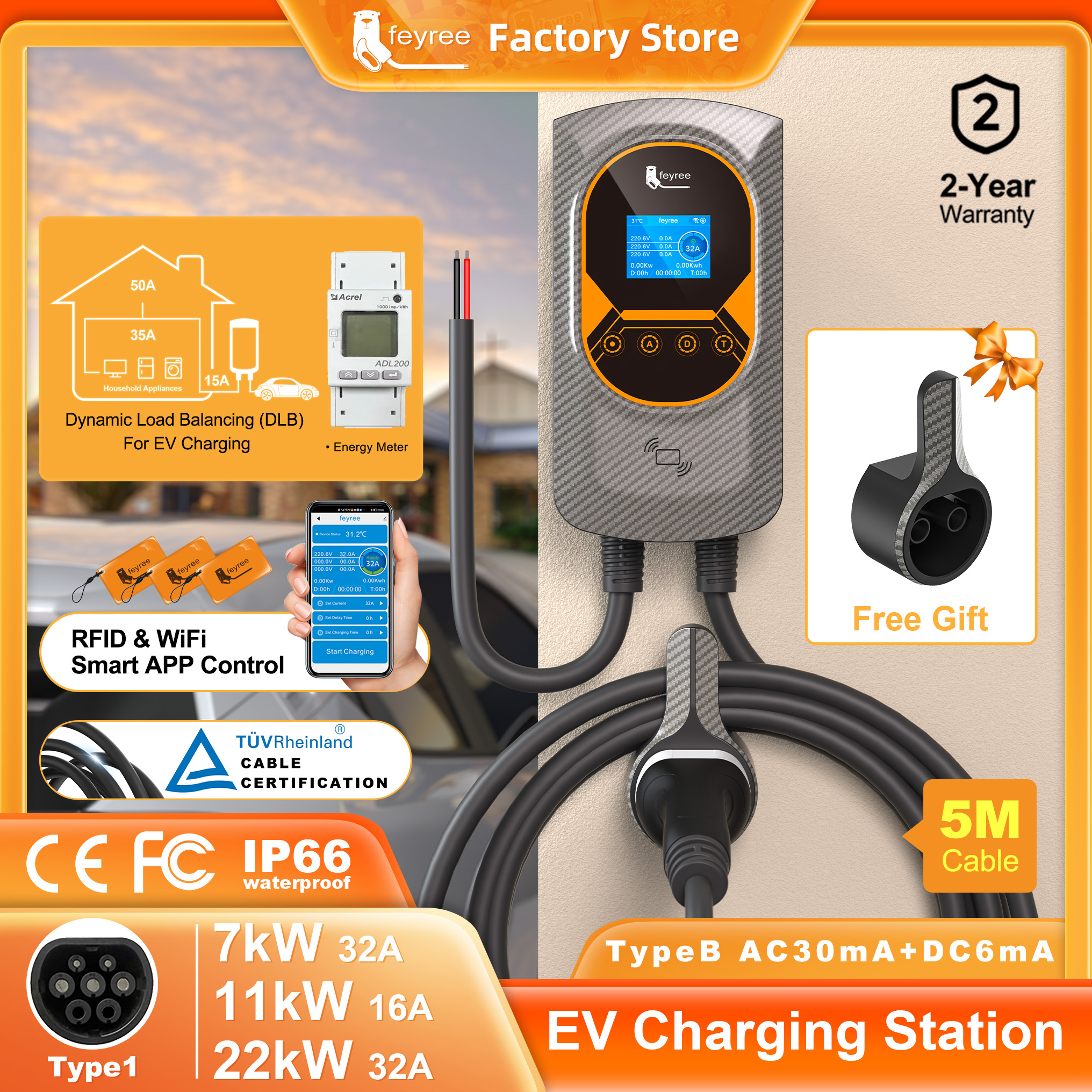 フェイリー EV 充電器 Type2 ケーブル 32A 7.6KW ダイナミックロードバランス EVSE ウォールボックス APP 機能 11KW 22KW 充電ステーション電気自動車