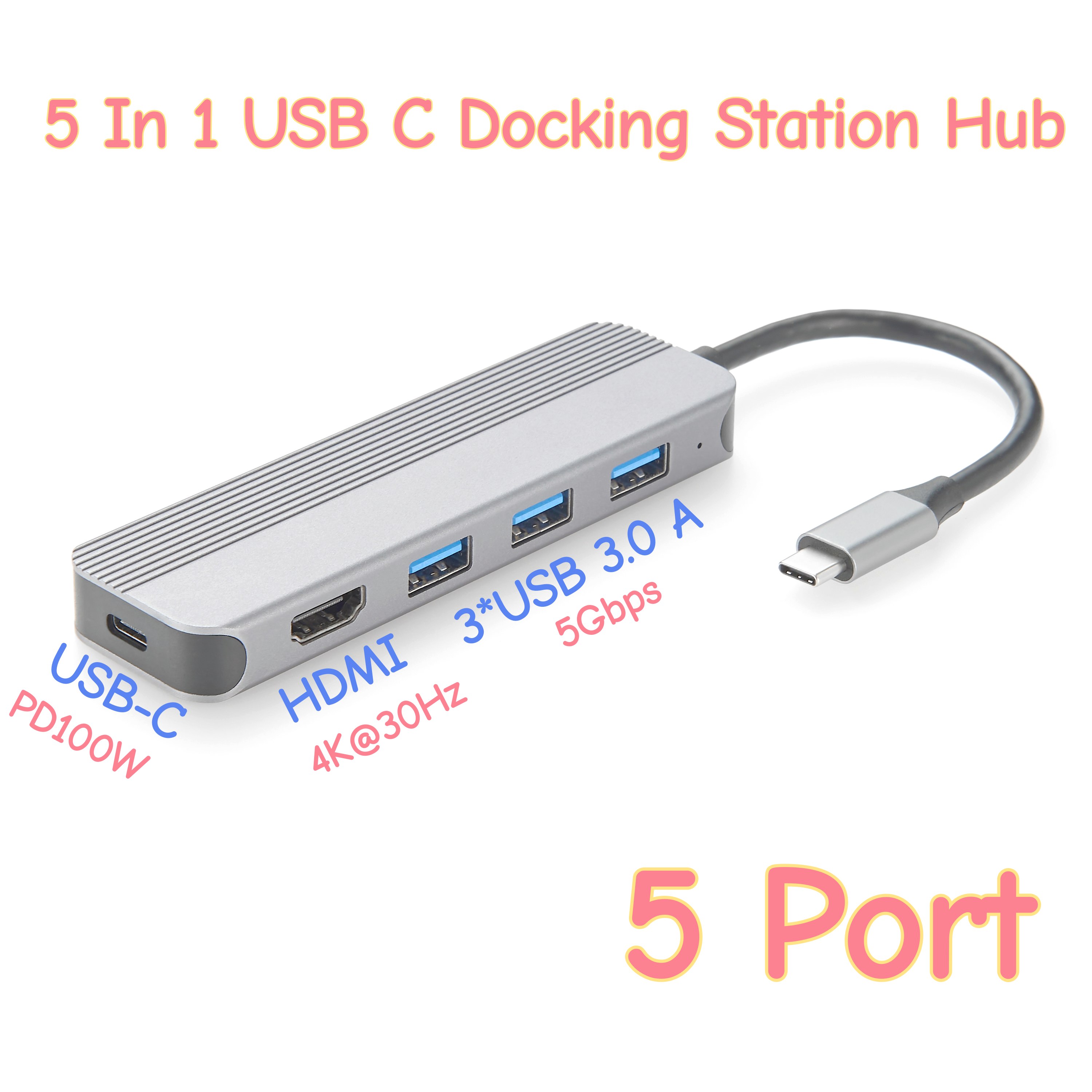 5 In 1 USB-C ミニ ドッキング ステーション ハブ、USB Type-C マルチポート アダプター コンバーター、4K2K@30Hz HD、60W PD 充電器、USB3.0 5Gbps 付き