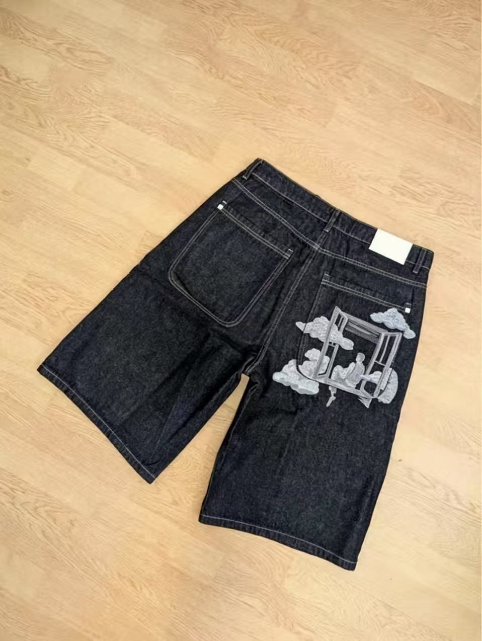 ヴィンテージ窓刺繍デニムショーツ男性女性 Y2K ストリートだぶだぶワイドレッグ膝丈ダークブルーカジュアルジーンズショーツ
