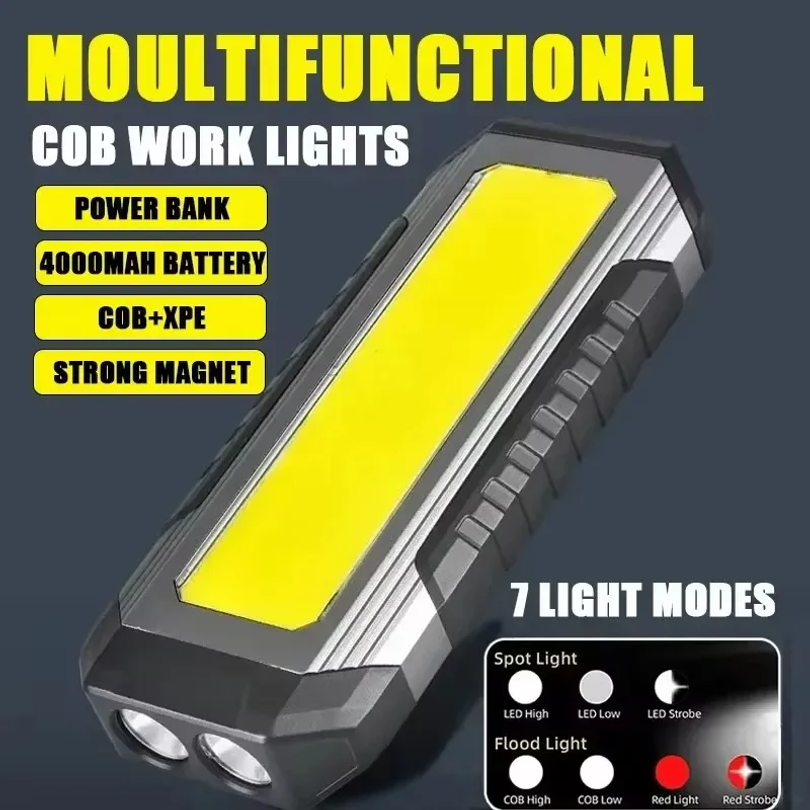 COB ワークライト USB 充電式 LED 懐中電灯パワーバンク 18650 ポータブルキャンプランプマグネット付き防水ランタン 4000mAh