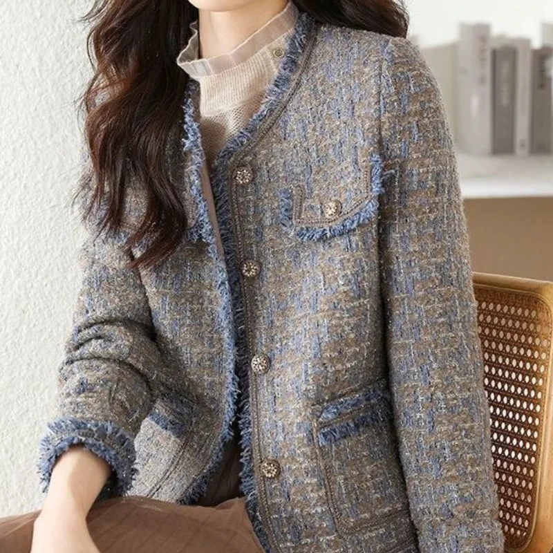 混合ジャケット女性ルーススプライシング新韓国スタイルの服綿ウールブレンドコート女性のためのミディアムファッション 2025 ノベルティ