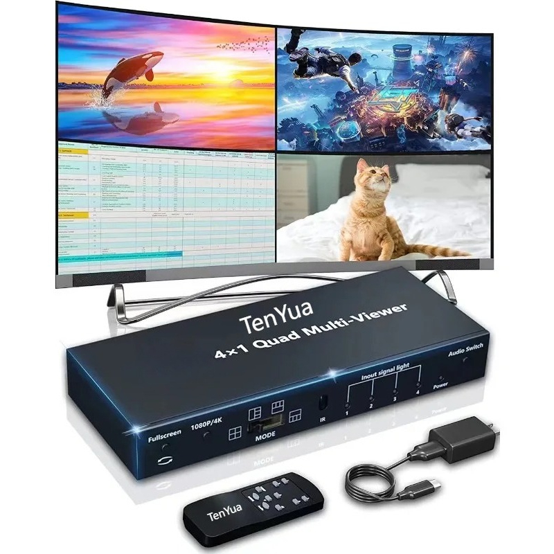4K HD対応マルチビューワ 4x1 4画面リアルタイムマルチビューワ 4 in 1 シームレスHD対応スイッチャー リモコン付き