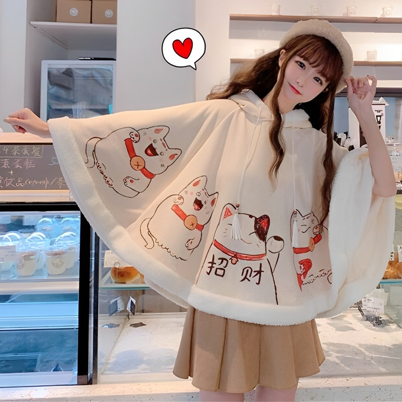 2026 Spring Autumn Cloak Harajuku Kawaii Ears Hooded Outwear Japanese Lucky Cat Fleece Cape Loose Pullover Batwing Sleeve Top