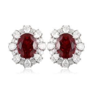 Lanphear Jewelry PT950 プラチナ ヴィンテージ風ピアス オーバルカット ラボラトリー・グロウン・ルビー ヒマワリモチーフ ダイヤモンド・ハロー エンゲージメント＆ウェディング用イヤリング