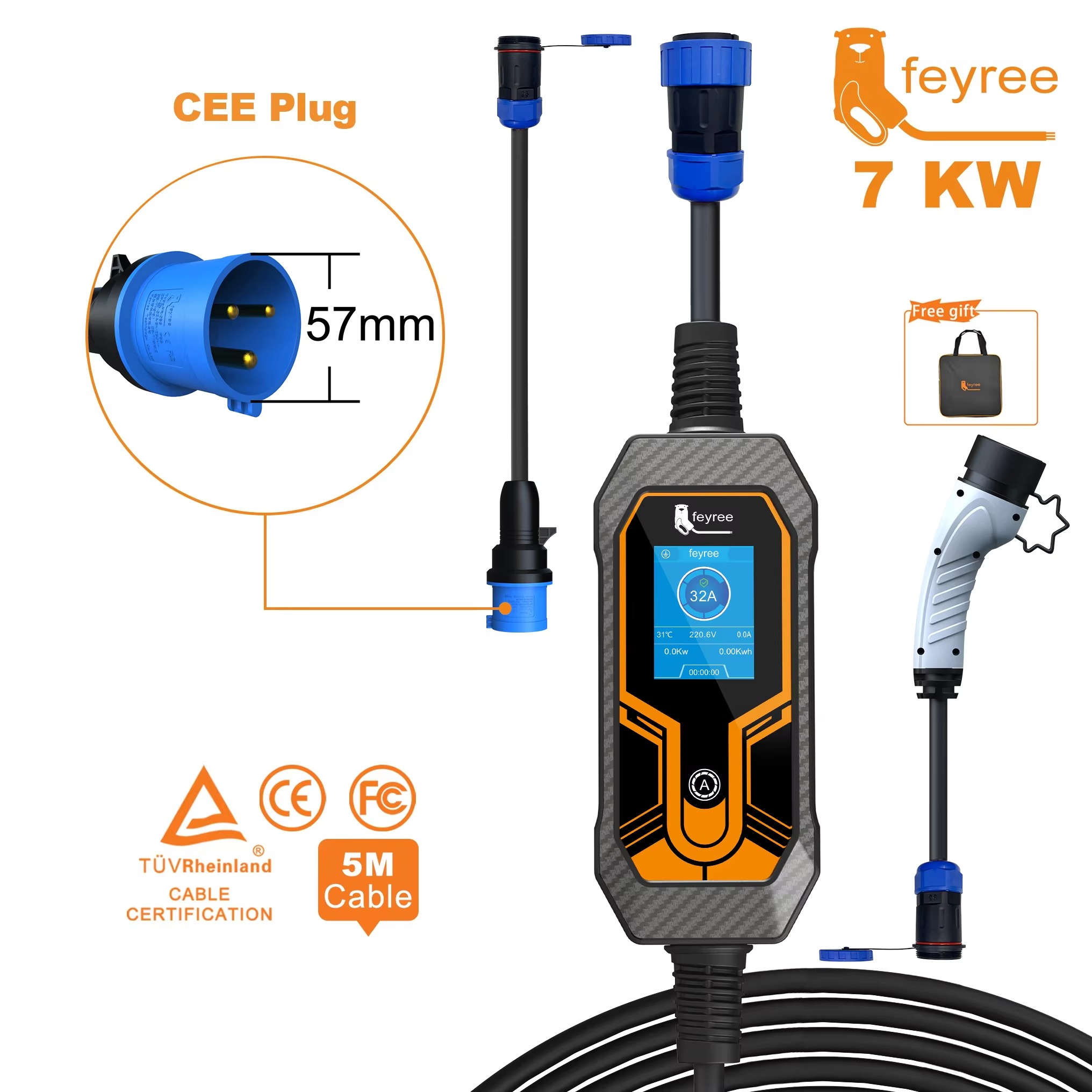feyree 7kW 32A ポータブル EV 充電器調整可能な電流交換可能充電プラグ多機能グローバル電気 EV 車の充電器