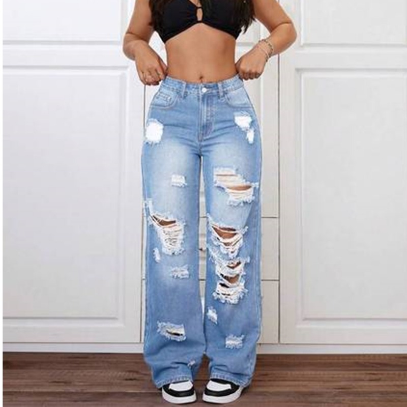 レディース パンツ レディース ジーンズ トレンディ ライト ブルー ダメージ加工 バギー リラックス フィット ワイドレッグ デニム