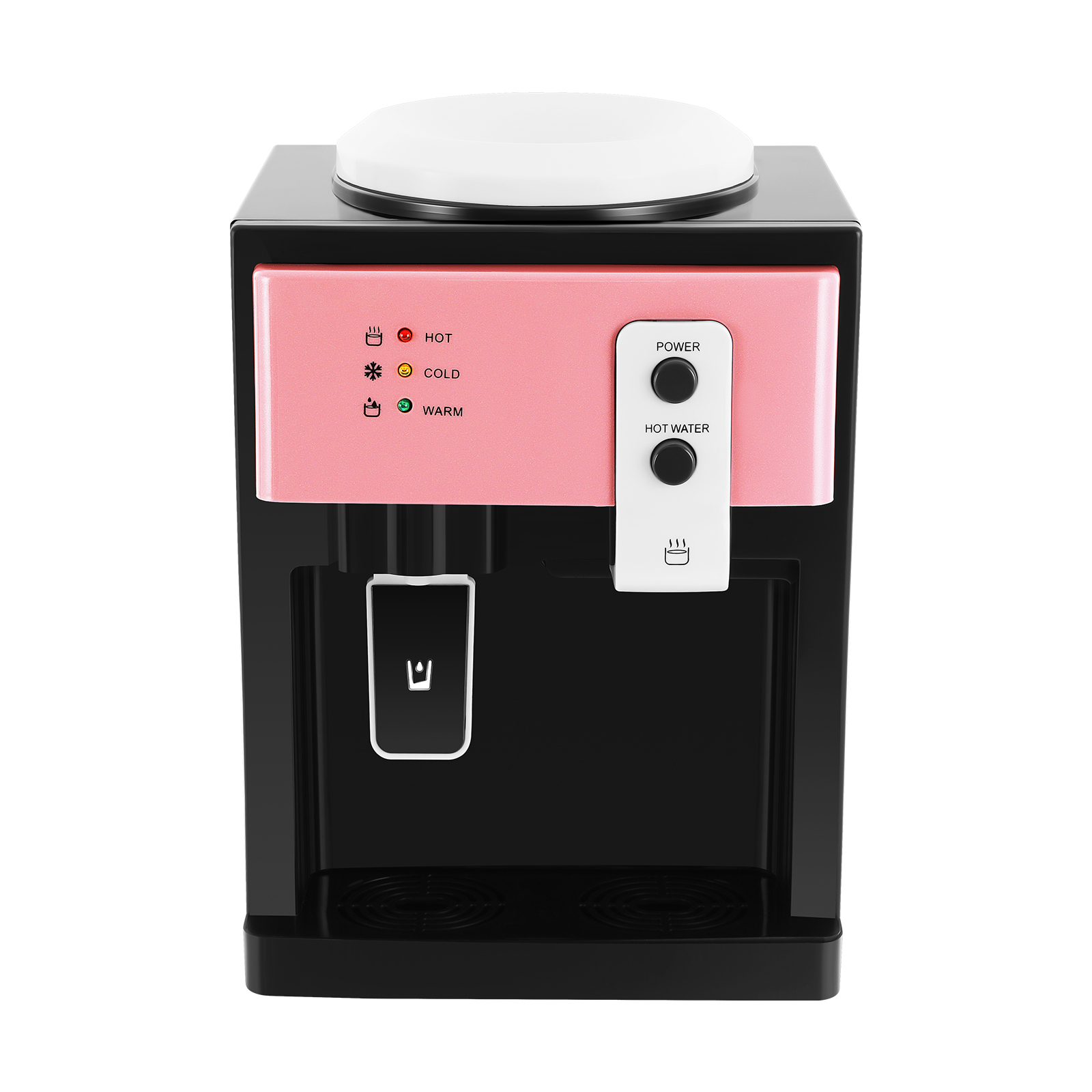 ピンク ブラック トップローディング デスクトップ温冷水ディスペンサー 500W 加熱 75W 冷却 575W 総電力 110V 60Hz 米国プラグ PP ステンレススチール カウンタートップ ウォータークーラー 温≈90℃ 冷温 8-15℃ 1.19-5ガロンの水に適合