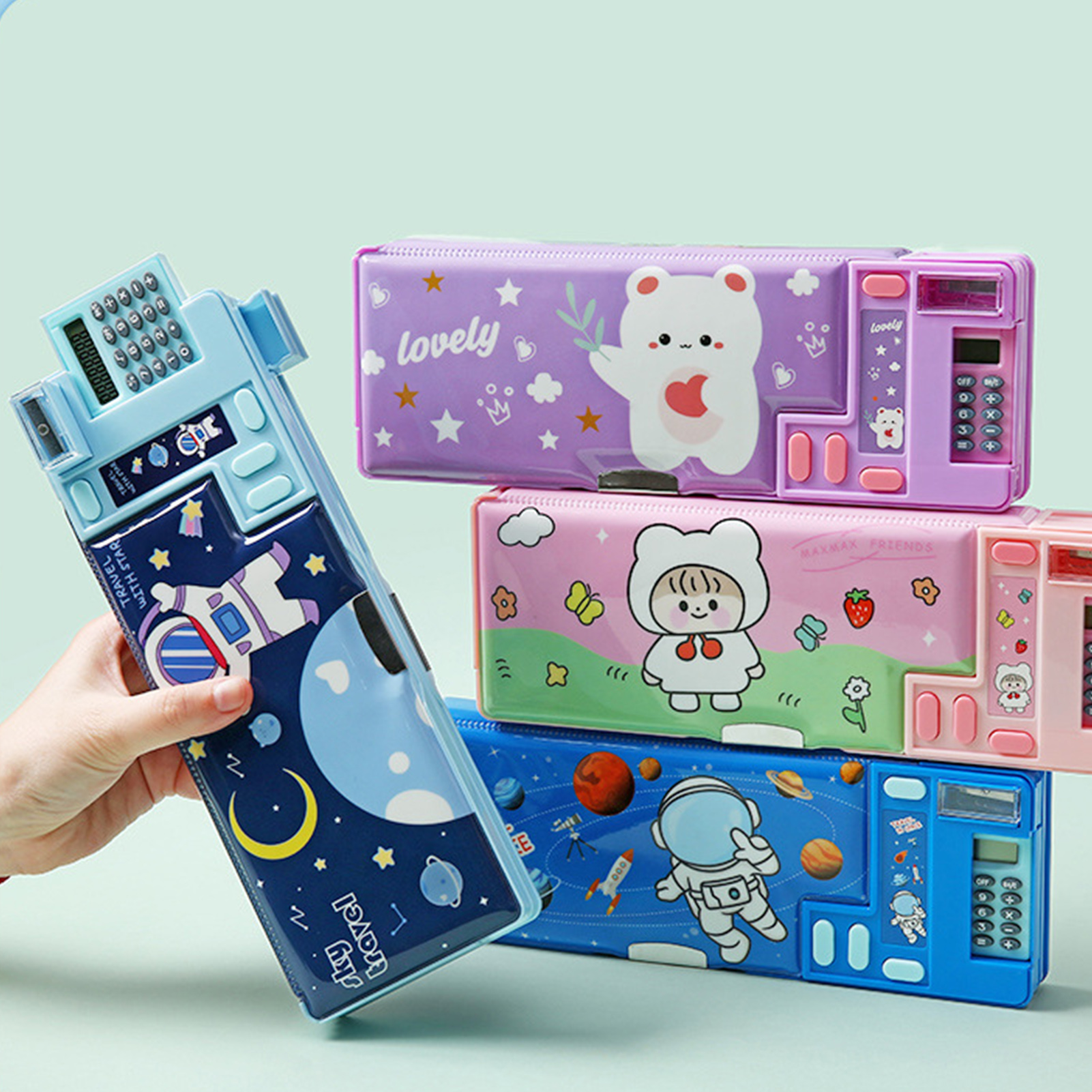 漫画風文房具 オーガナイザーボックス プラスチック製ペンケース ユニコーンクマ 宇宙飛行士文房具 電卓付き文房具アクセサリー
