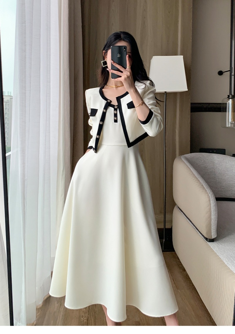 新しいハイエンドフレンチドレスセット女性コントラストカラー長袖ショートジャケットコートセクシーなスリングドレス 2 ピース衣装エレガント
