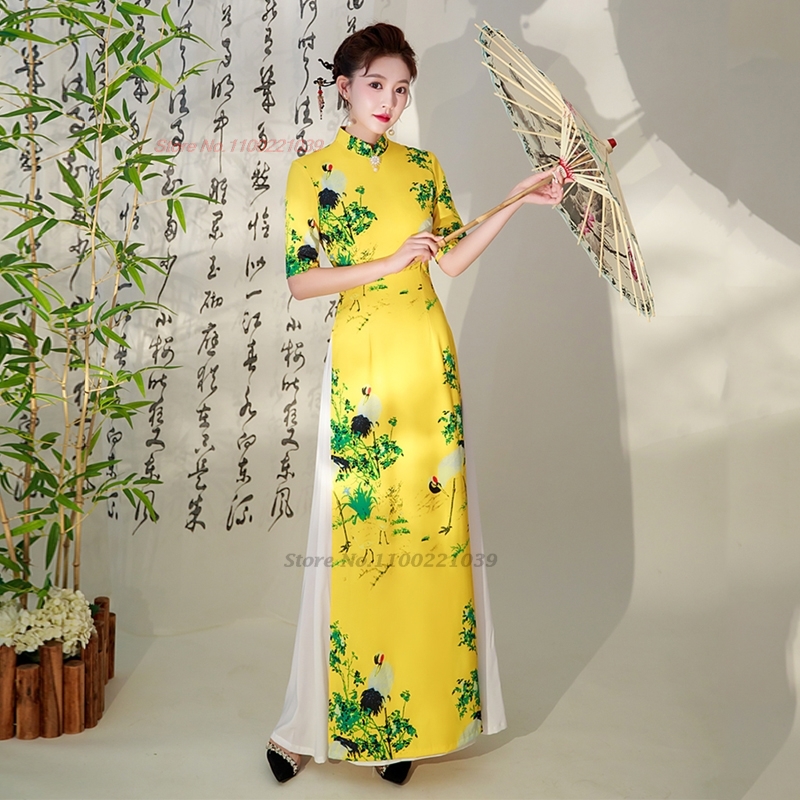 2026 ベトナムドレスアオザイ伝統的な中国の改良袍国家鶴プリントチャイナドレス宴会イブニングドレスvestido