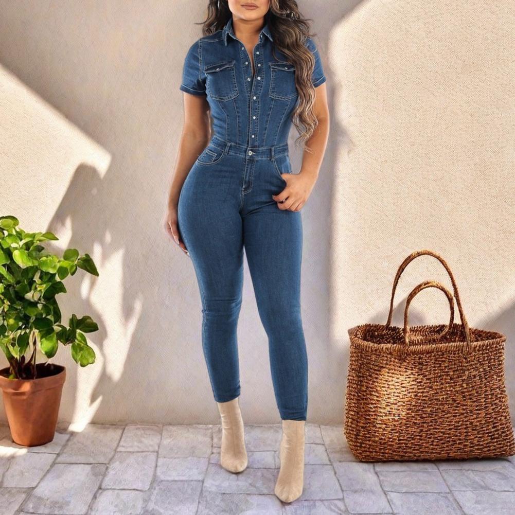 Women Jumpsuit Cotton Blend Casual Summer Jumpsuit Stylish Women's Denim Jumpsuits Skinny Stretch Overalls Button for Casual