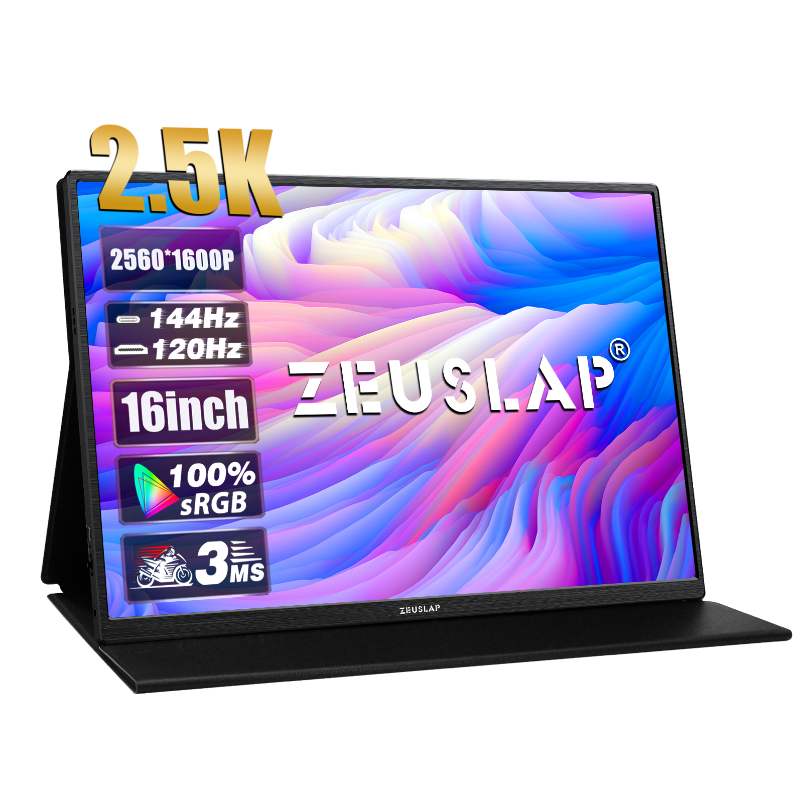 ZEUSLAP 16 'QHD 2560*1600P 144Hz 100%sRGB 500Nits ポータブルモニター内蔵 VESA 磁気保護ケース電話ラップトップ PC 用