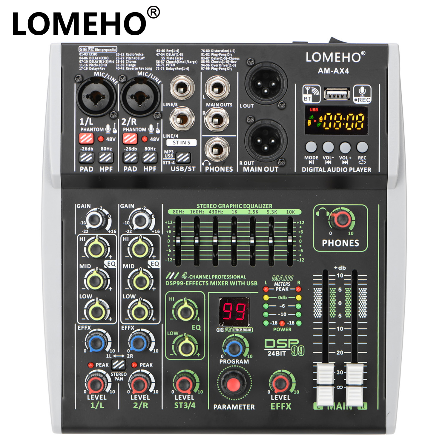 4 チャンネルオーディオサウンドミキサー 7 バンド EQ 99 DSP エフェクト 48V Bluetooth サウンドミキシングコンソール PC 再生録音 DJ パーティー AM-AX4
