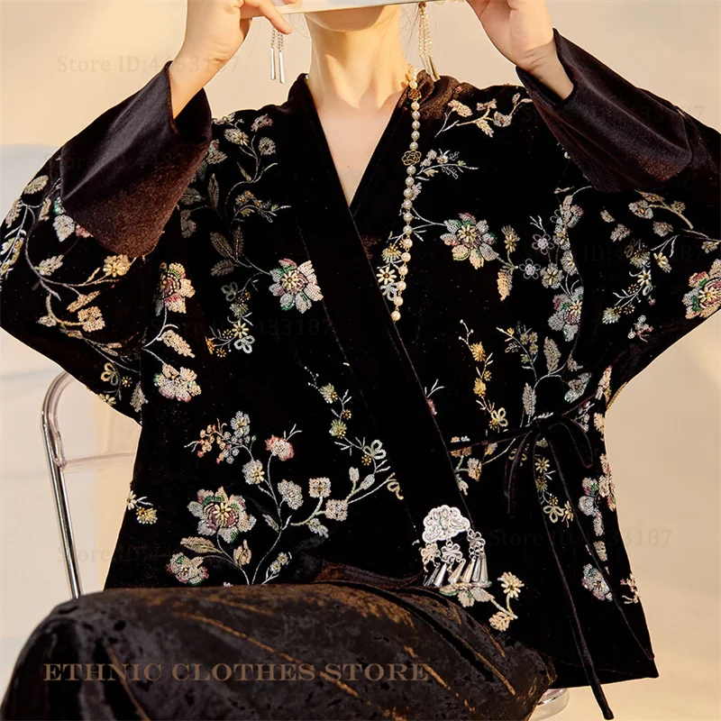 豪華な刺繍スパンコール漢服ジャケットトップス新しい中国風の着物カーディガン浴衣羽織伝統的な衣装ベルベットコート