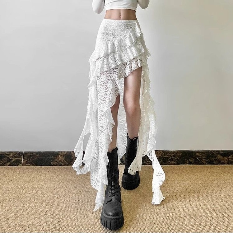 ゴシックスカート 2000 年代夏の婦人服ギャル Kpop ストリートレースハイウエストカジュアル美的ロングスクリットファムヒップホップスカート