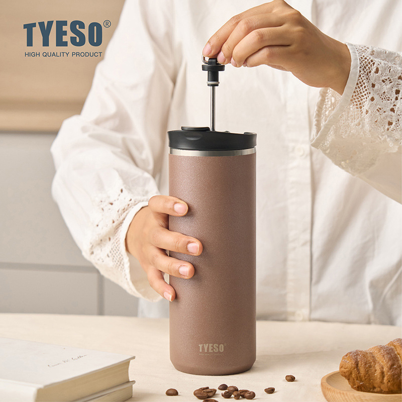 Tyeso フレンチプレストラベルマグ 304 ステンレス鋼ポータブル水出しコーヒーメーカー茶注入器二重壁断熱魔法瓶