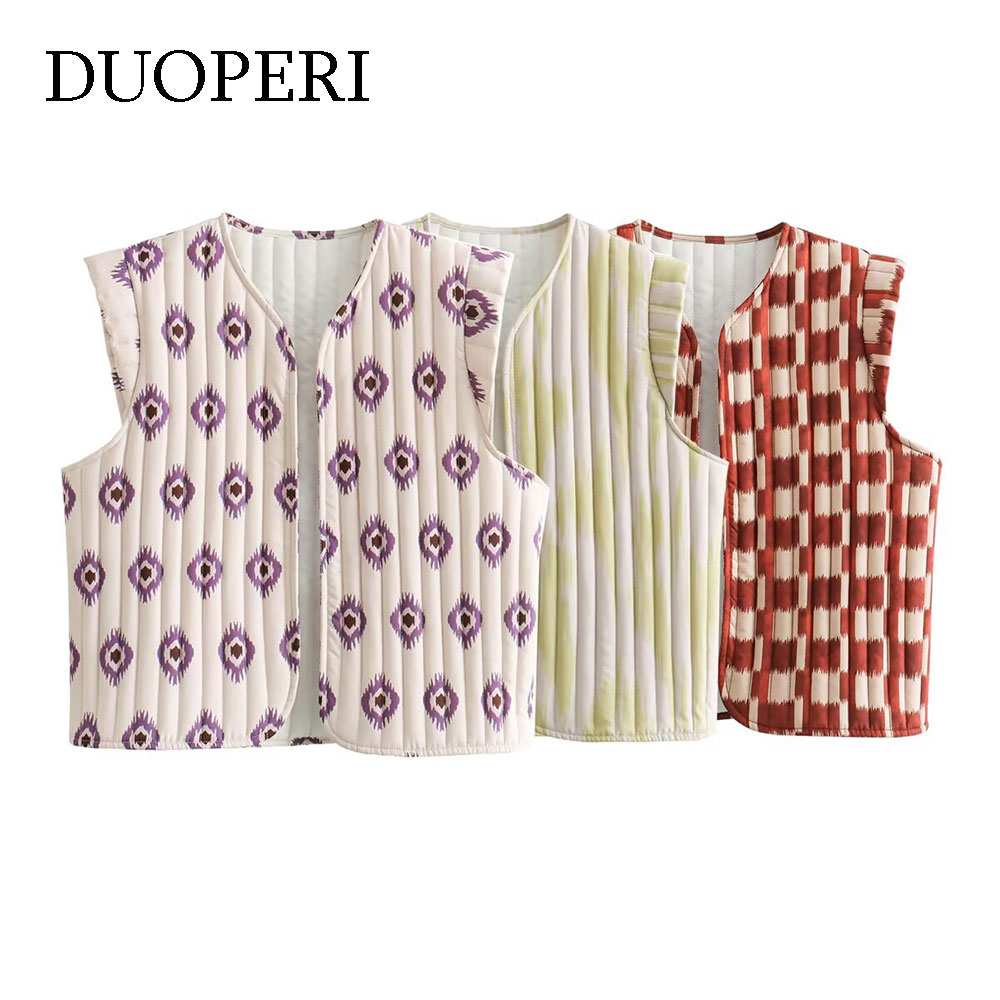 DUOPERI 女性ファッションプリントノースリーブジャケットチョッキ V ネックベスト女性シックな女性カジュアルタンクトップ