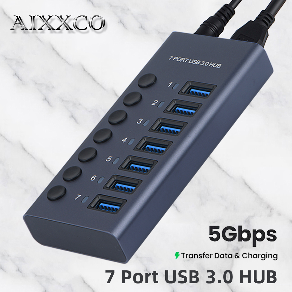 AIXXCO USB3.0 ハブ アルミニウム 工業用 7 ポート スプリッター スプリット スイッチ 12V 電源アダプター付き Macbook PD 充電器用