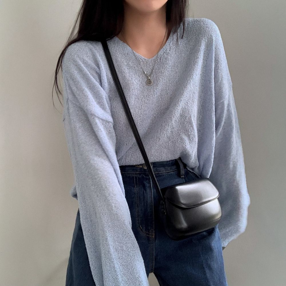 韓国日焼け防止カバーアップクロップトップシックな多用途女性プルオーバー怠惰なドロップショルダーアイスシルク長袖薄いニットセーター
