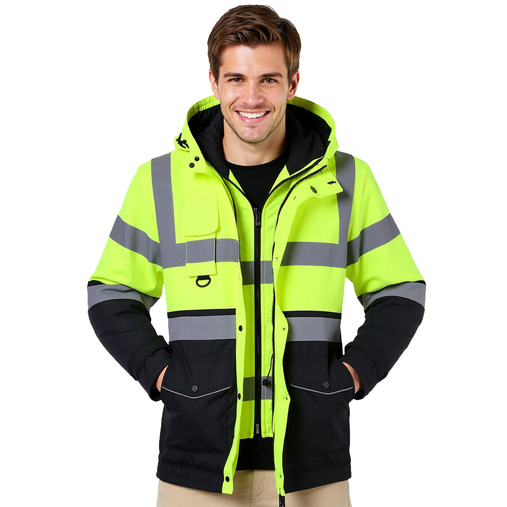 Hi Vis 7 in 1 防水パーカー ウインドブレーカー 作業服 レインコート ウィンタージャケット 取り外し可能なインナーライナー付き