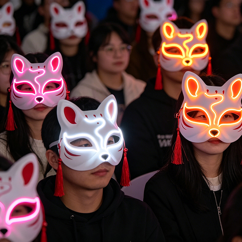 ハロウィン発光 LED マスク日本ネオン猫キツネの顔コスプレマスクダークマスカレード大人のヘッドギアマスクパーティー用
