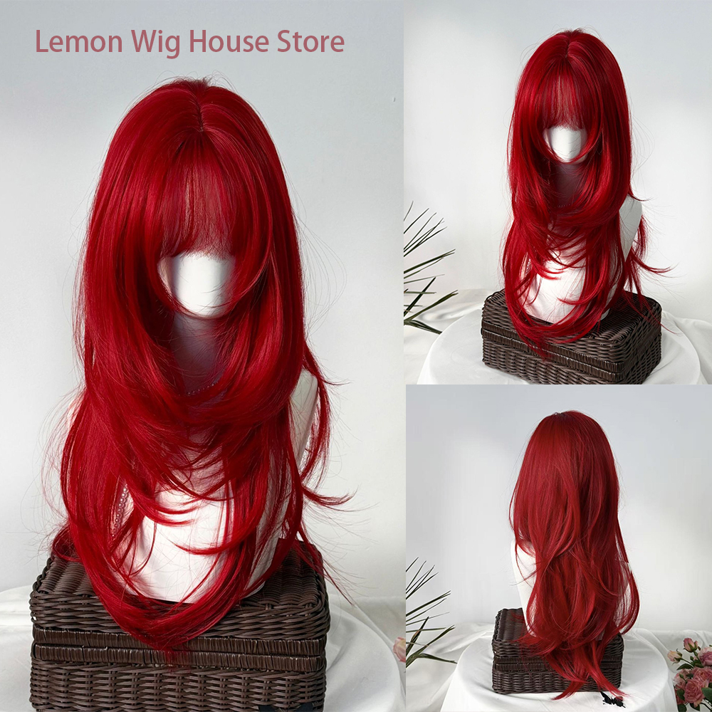 レッド合成ウィッグ前髪付きロングストレートヘア高層ウィッグロリータ女性用デイリーパーティーコスプレウィッグ耐熱